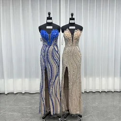 YQLNNE 040 Mode Blauwe Split Kristallen Celebrity Jurken Strapless Tule Kralen Zeemeermin Formele Avond Pageant Gown Lace-up