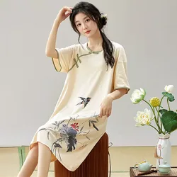 Large Size Vintage Printed Night Dress Women Short Sleeve Cotton Sleep Shirt Loose Ladies Nightwear Nightgowns Vestidos Mujer