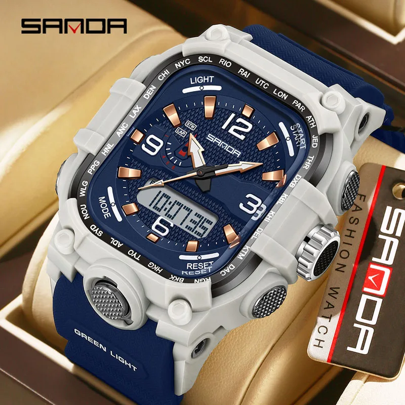 SANDA 6310 Multifunctional Luminous Alarm Clock Calendar Stopwatch Dual Display Digital Watches for Man Men's Electronic Watch