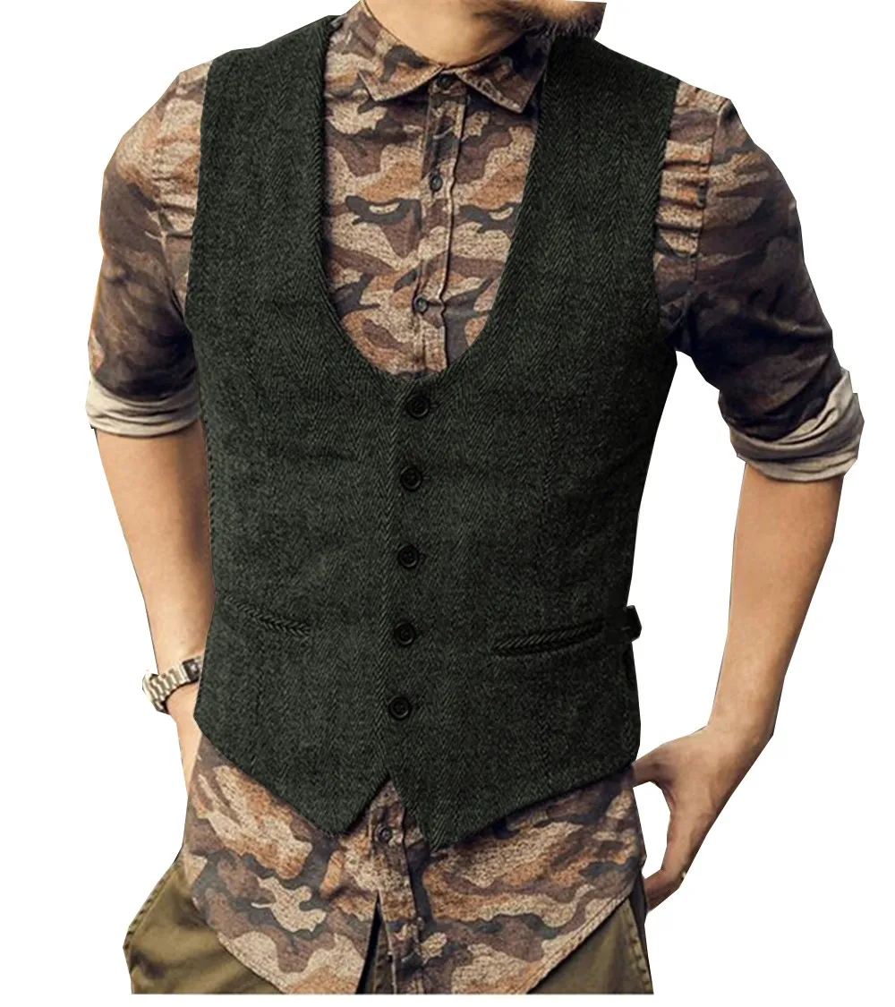 

Men Suit Green Single Breasted Slim Fit Vintage Waistcoat Casual Gilet Woolen Blended Jacket Formal Business Casual