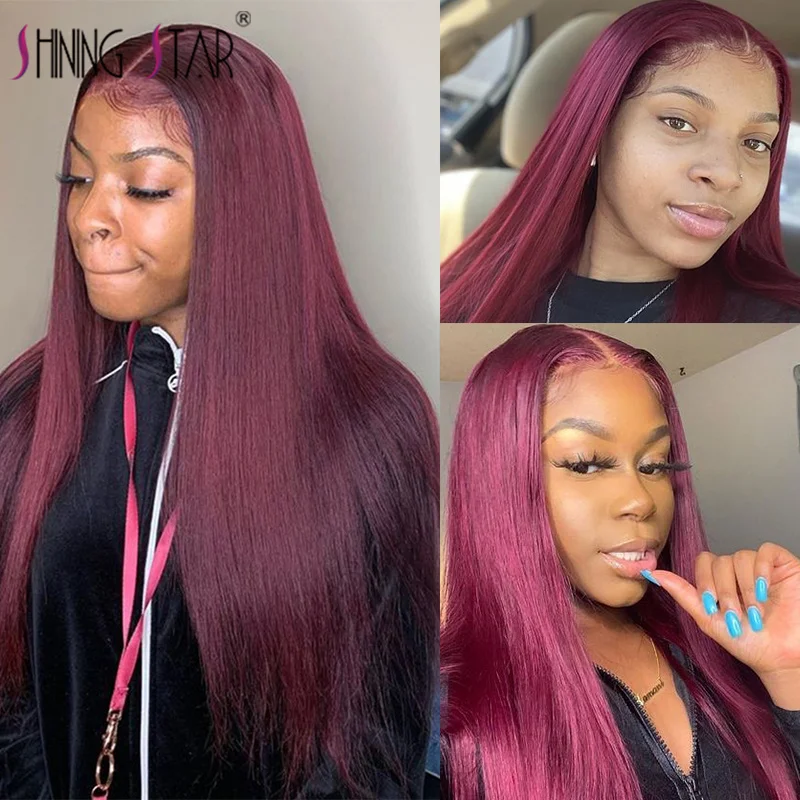 34 Inch Long Burgundy Lace Front Wig Transparent Colored 99J Red 13X4 Hd Lace Frontal Wigs Human Hair Pre-Plucked Lace Front Wig