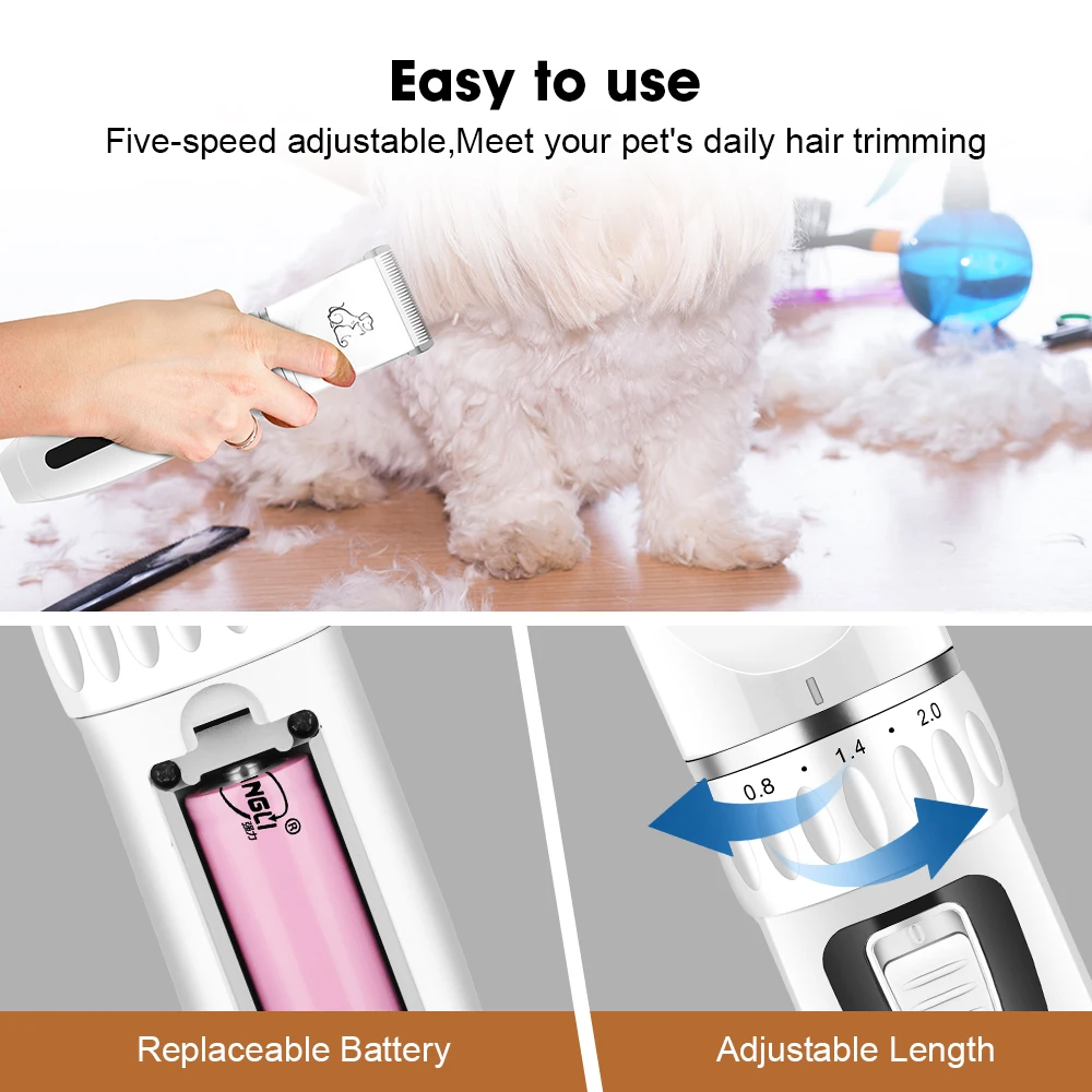 Pet Hair Trimmer & Clipper Multiple Charging Options Replaceable Battery Low-Noise Design Suitable for Small and Large Animals