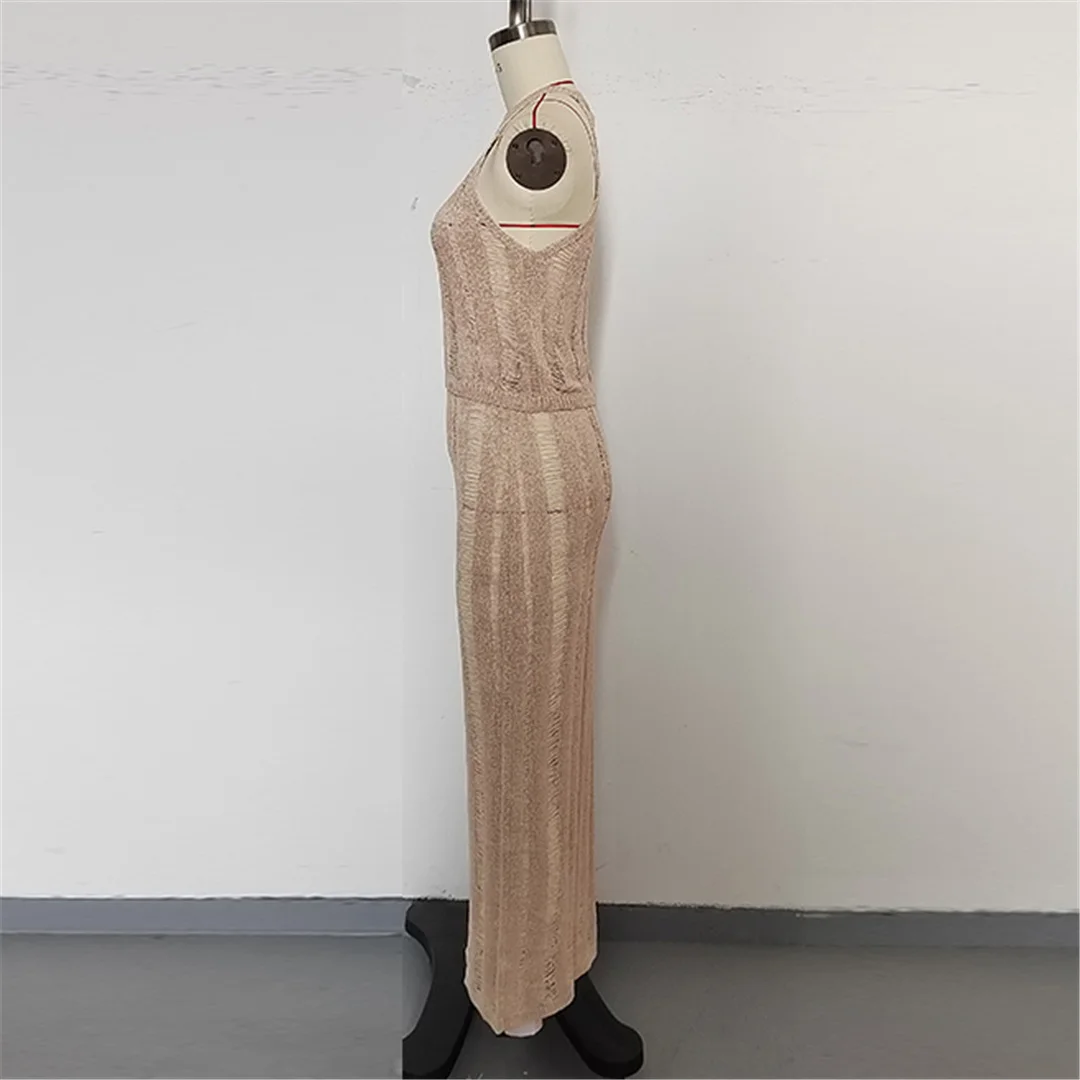 Neues, ärmelloses, gehäkeltes, gestricktes zweiteiliges Set, Tunika, Strandkleid, Strandbekleidung, Damenmode V6717 – Detail 20