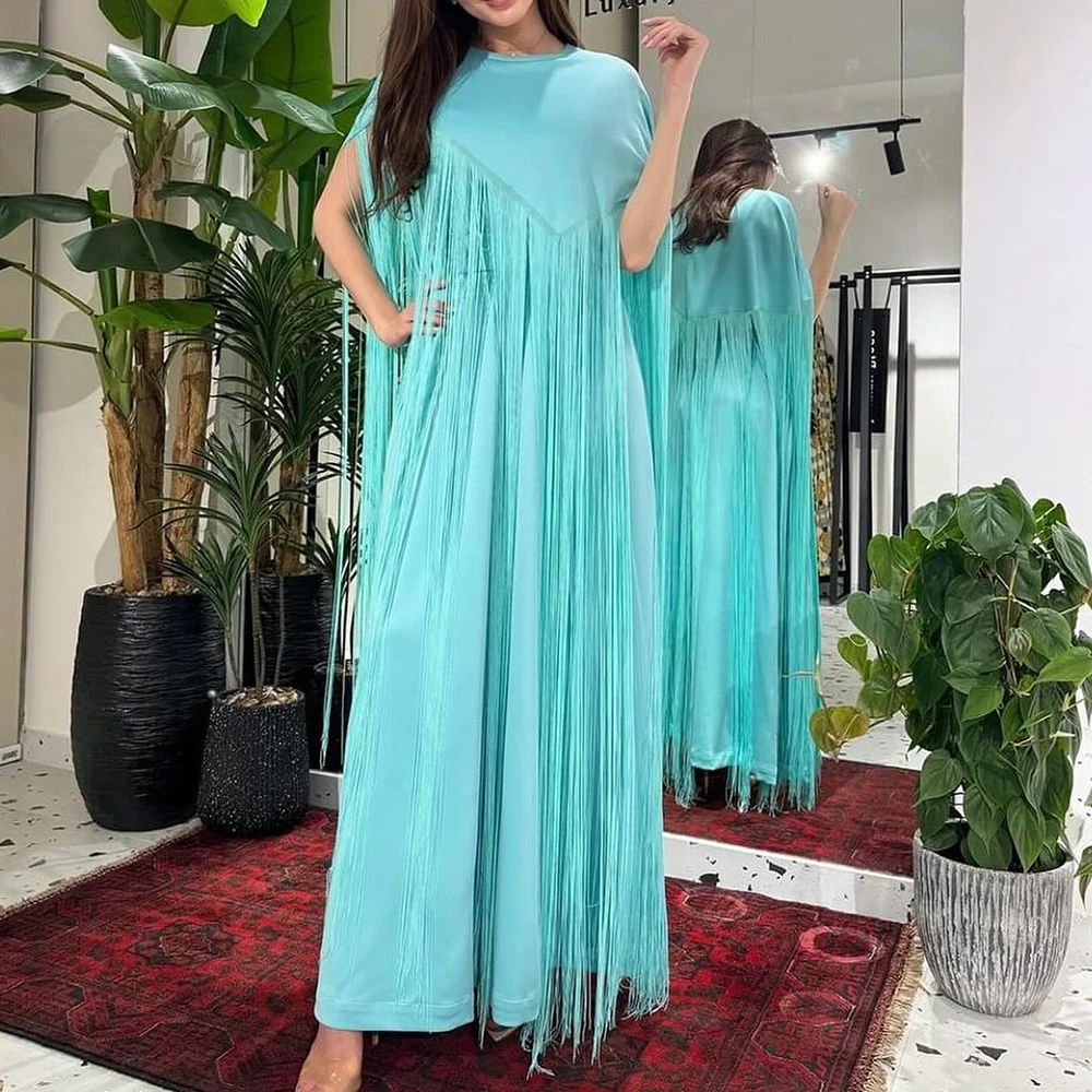 

Customized Temperament Tassel Off the Shoulder Jersey Evening Dresses Formal Crew Neck Short Sleeves Straight Homecoming Dress