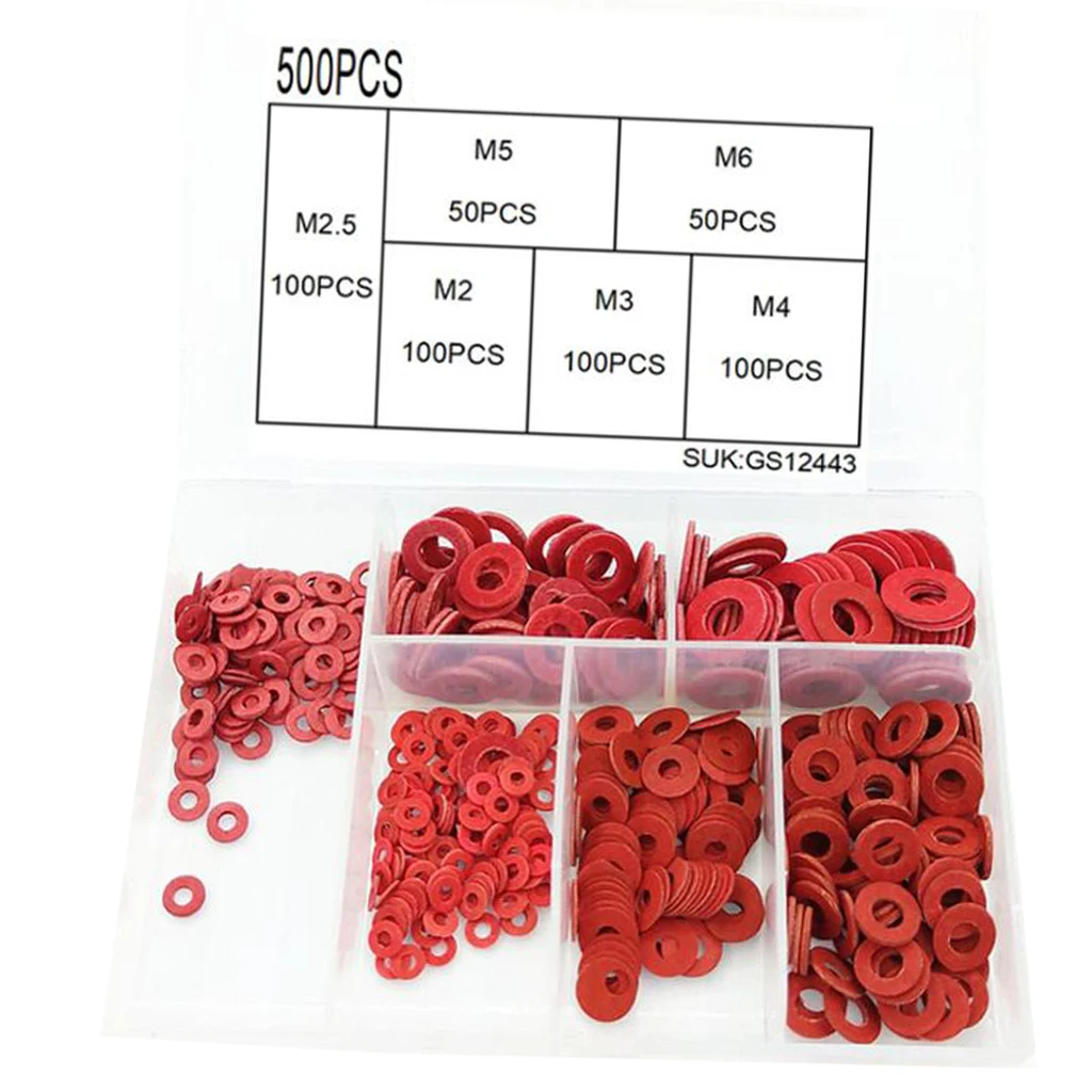 Milageto Cincin Rata Basuh-500Pcs 6-Saiz Keluli Merah Serat