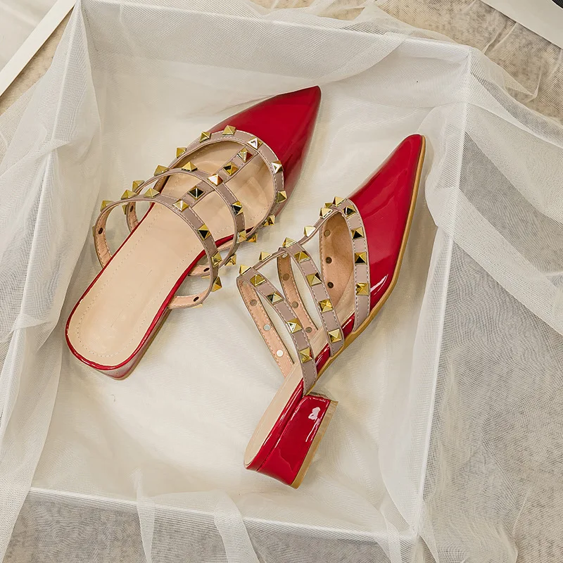Summer New Pointed Low Heel Slippers Female Rivets Package Head Lazy Outside Wear Sandals Large Size 35-43