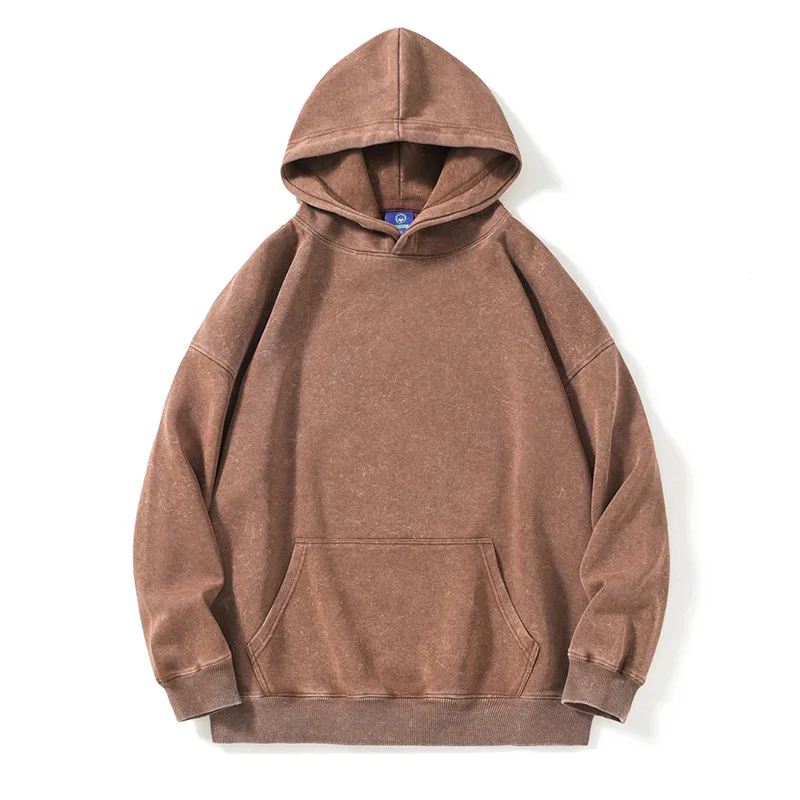 New Washed Retro Distressed Pure Cotton Hoodie for Men and Women, Solid Color Pullover, Fashionable Casual Hooded Sweatshirt