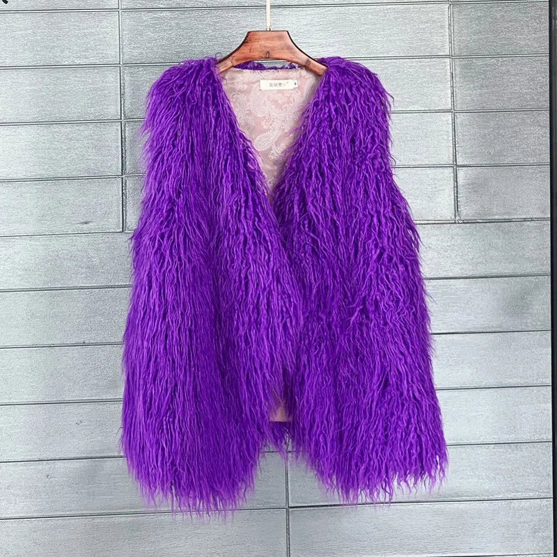 Winter Mid-Long Faux Sheep Wool Fur Warm Sleeveless Women's Vest Coat