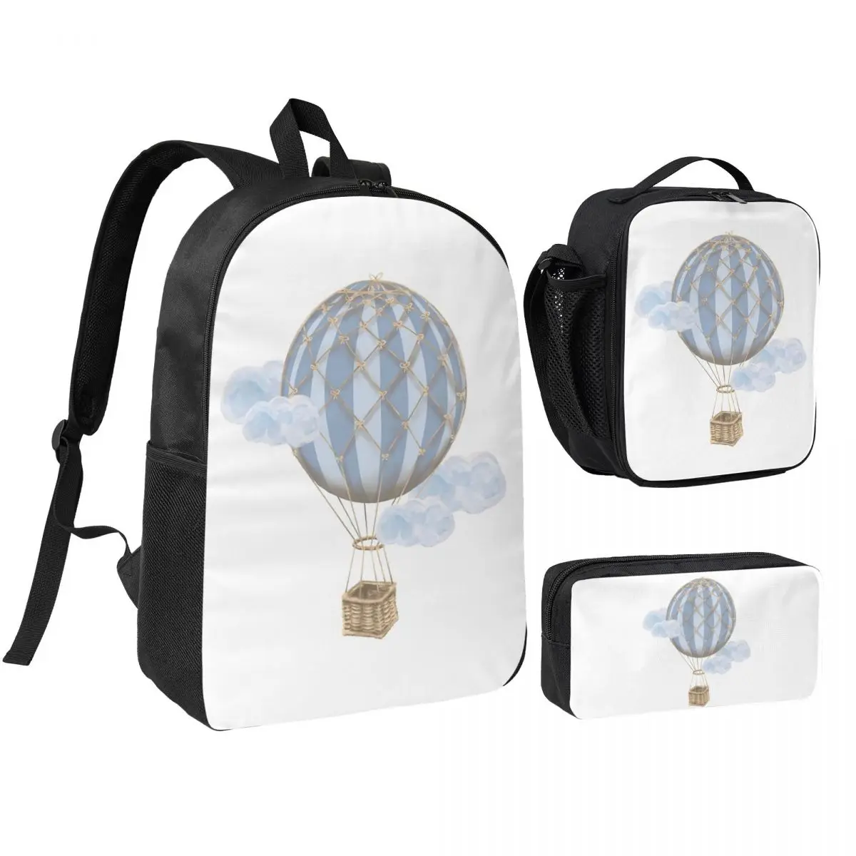 Blue Vintage Hot Air Balloon Backpack Boys Girls BookBag School Bag Shoulder Bags 3ps Insulated Lunch Bag Pencil Case