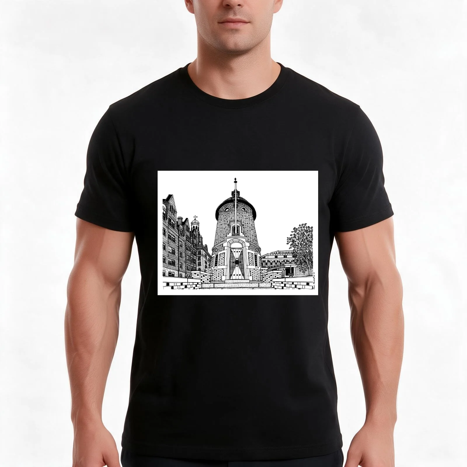 Harvard Lampoon Building, Cambridge Drawing T-Shirt, Summer Casual Cotton Tee, Oversized Streetwear Tops, Vintage Graphic Print