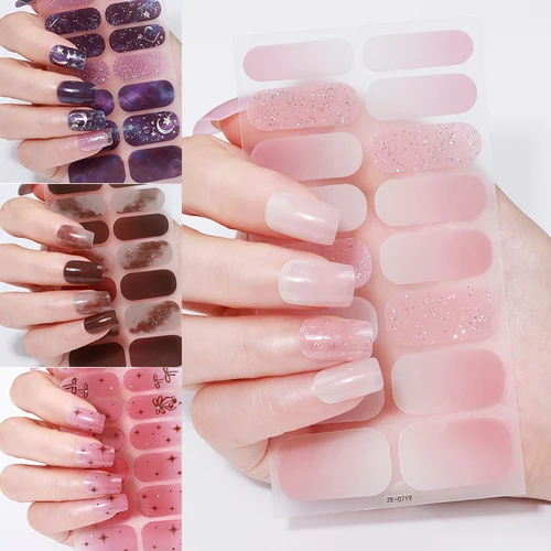 Imagen 2 del producto 16 puntas de pegatinas para uñas, rosa, morado, brillo, estilo francés, adhesivo de Color sólido, cubierta completa, tira deslizante para uñas, calcomanías artísticas para manicura DIY