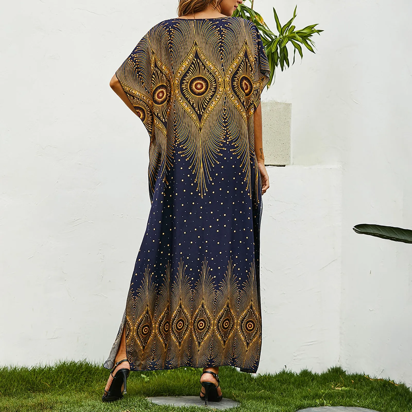 Folk Vintage Printed Dresses Summer Casual V-Neck Female Clothing Beach Style Loose Stylish Batwing Sleeve Straight Long Dress