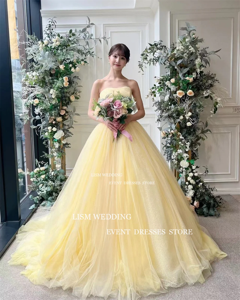 LISM Strapless Yellow A Line Evening Party Dresses Photo Shoot Fairy Tulle Puffy Prom Gown High Slit robes de soirée Custom Made