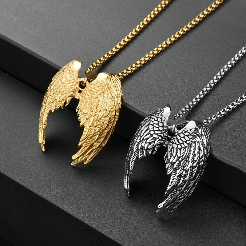 Vintage 316L Stainless Steel Angel Wings Necklace for Men Fashion Biker Punk Hip Hop Party Men Necklace Chain Jewelry Wholesale