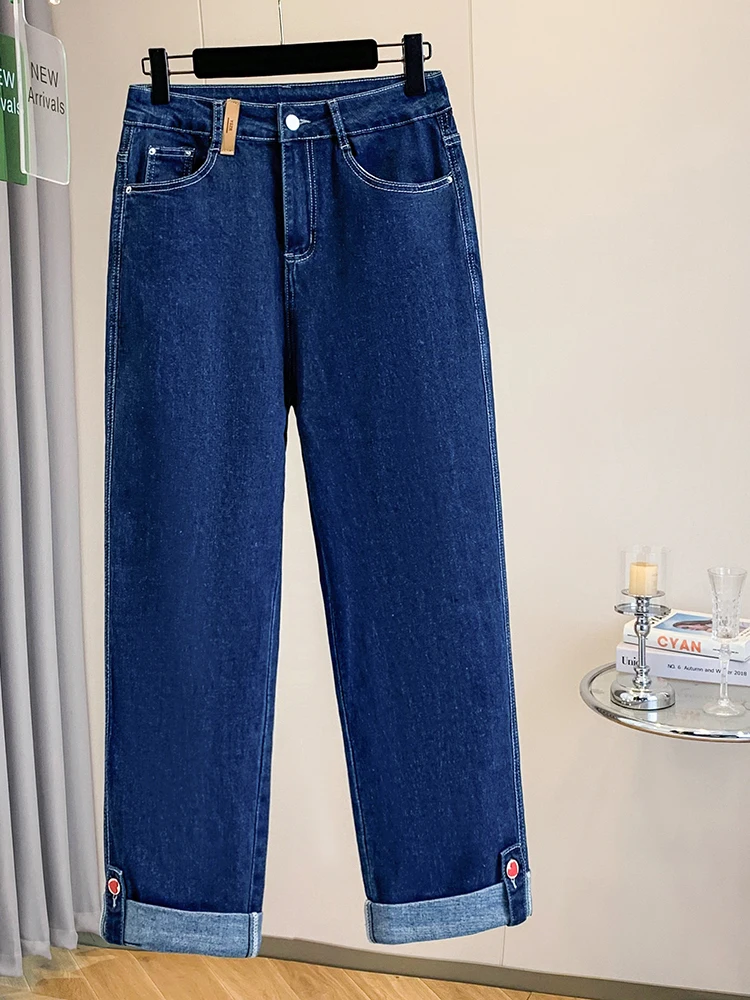 High Waist Slim Fit Straight Leg Jeans Elastic Cuffed High Elasticity Autumn Collection plus Size Simple Style Ladies Jeans