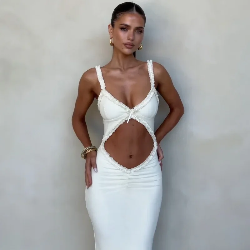 백리스 서스펜더 비치 드레스 우아한 파티 여성 민소매 V넥 컷아웃 바디콘 미니 선드레스 섹시 슬릿 랩 섹시 드레스