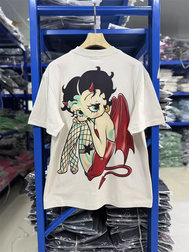 SAINT Mx6 Retro American Street Cartoon Printed Round Neck Hoodie Washed Cotton Short Sleeve Trendy Versatile Vintage T-shirt