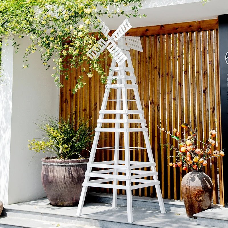 The balcony garden is decorated with solid wood flower racks, floor standing anti-corrosion wood plant placement racks