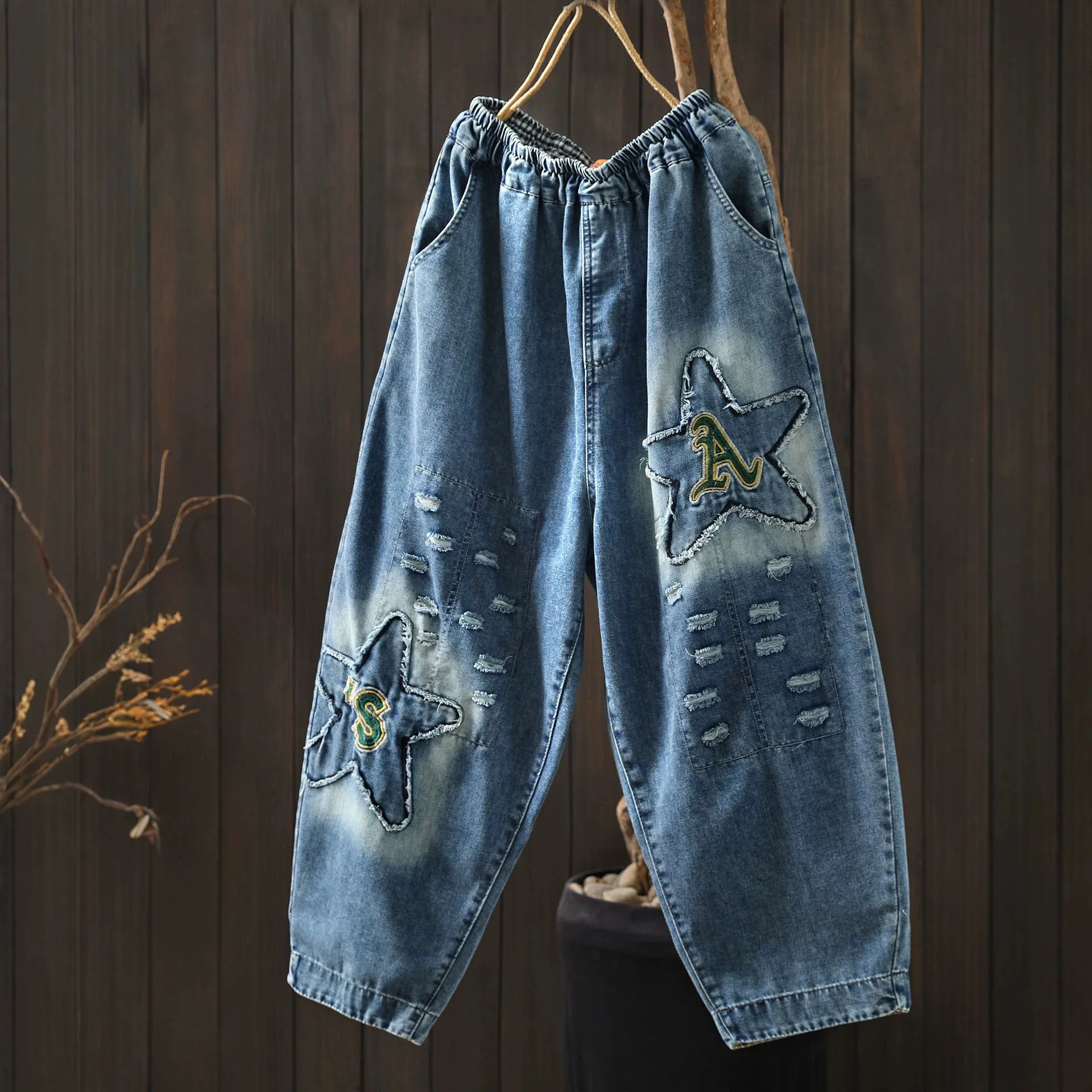 

Women Summer Vintage Mori Girl Pentagram Letter Patch Embroidery Denim Harem Pants Elastic Waist Casual Loose Straight Jeans
