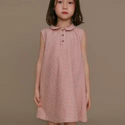 Girls Retro Loose Plaid Doll Collar Dress 2026 Summer New Baby Kids Casual Sleeveless Sweet Pink Vest Dresses With Buttons TZ287