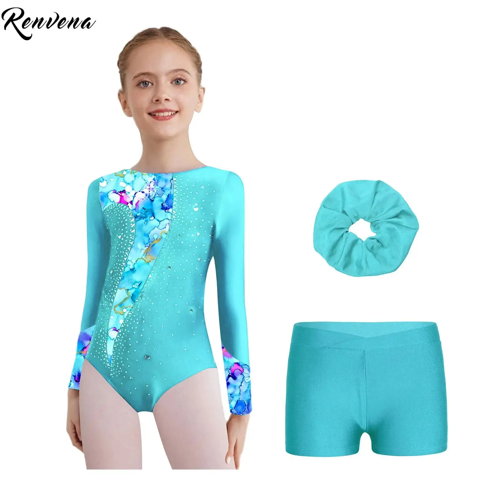 

Детские комплекты для балета и гимнастики для девочек, спортивная одежда для йоги, фитнеса, танцевальной одежды, полный комплект с трико с длинными рукавами, шорты, повязка на голову