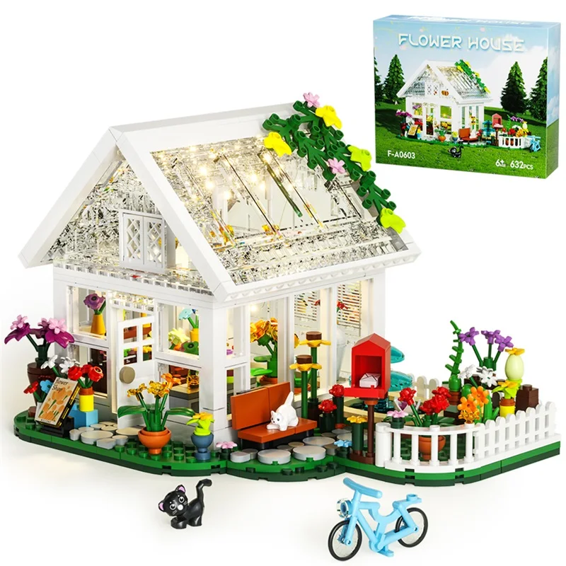 

632PCS Creative Expert MOC White Flower House Building Block City Street View Flower Shop LED Model Assemble Toys Girl Kid Gift