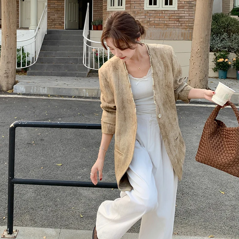 EAEOVNI Vintage V-hals Blazer Jas Vrouwen Kaki Tie Dye Ontwerp Knop Losse Jas Kantoor Dame 2025, Nieuwe Kleding Temperament