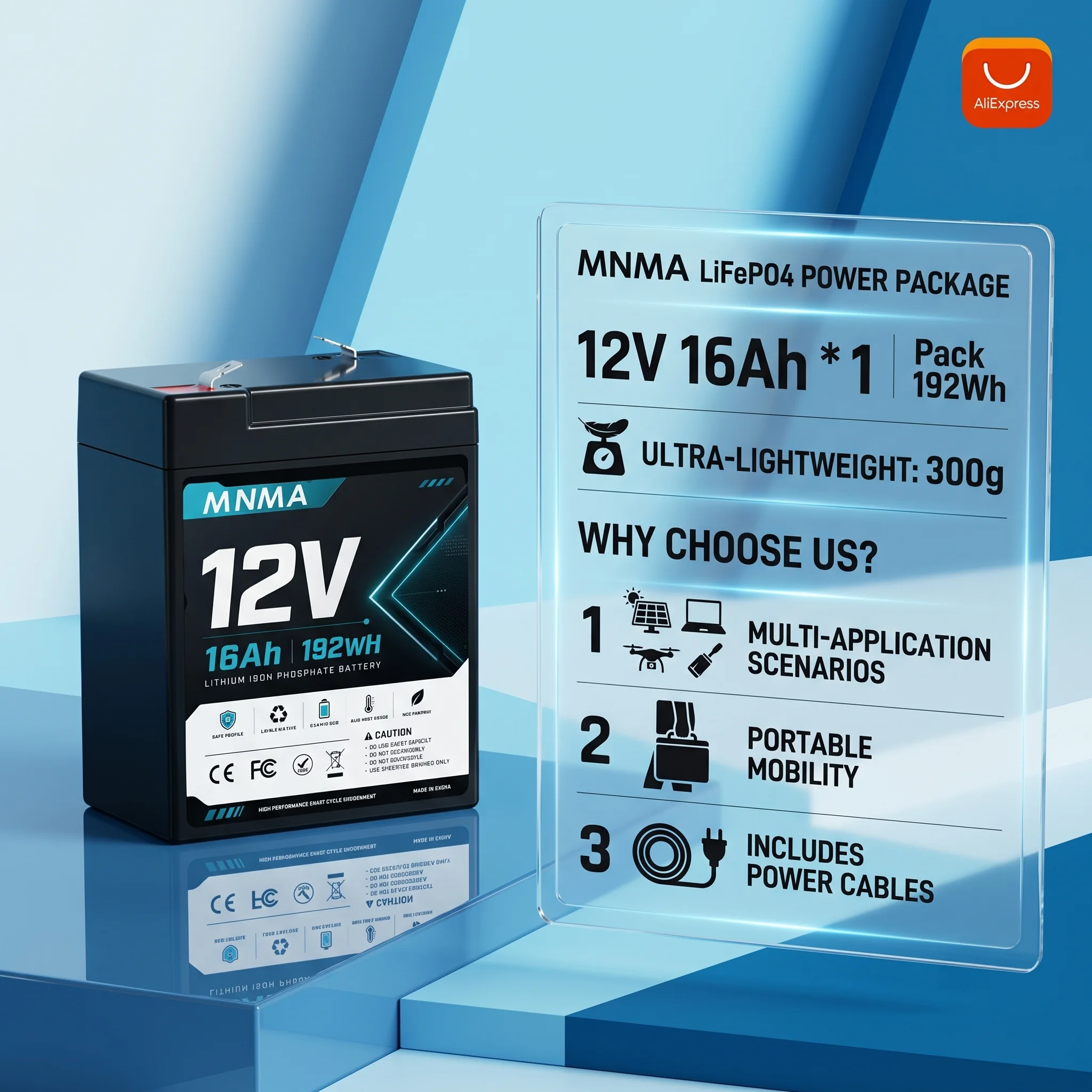 Portable lithium-ion battery 12V 16Ah long endurance battery for household fans, dryers, children's toy cars