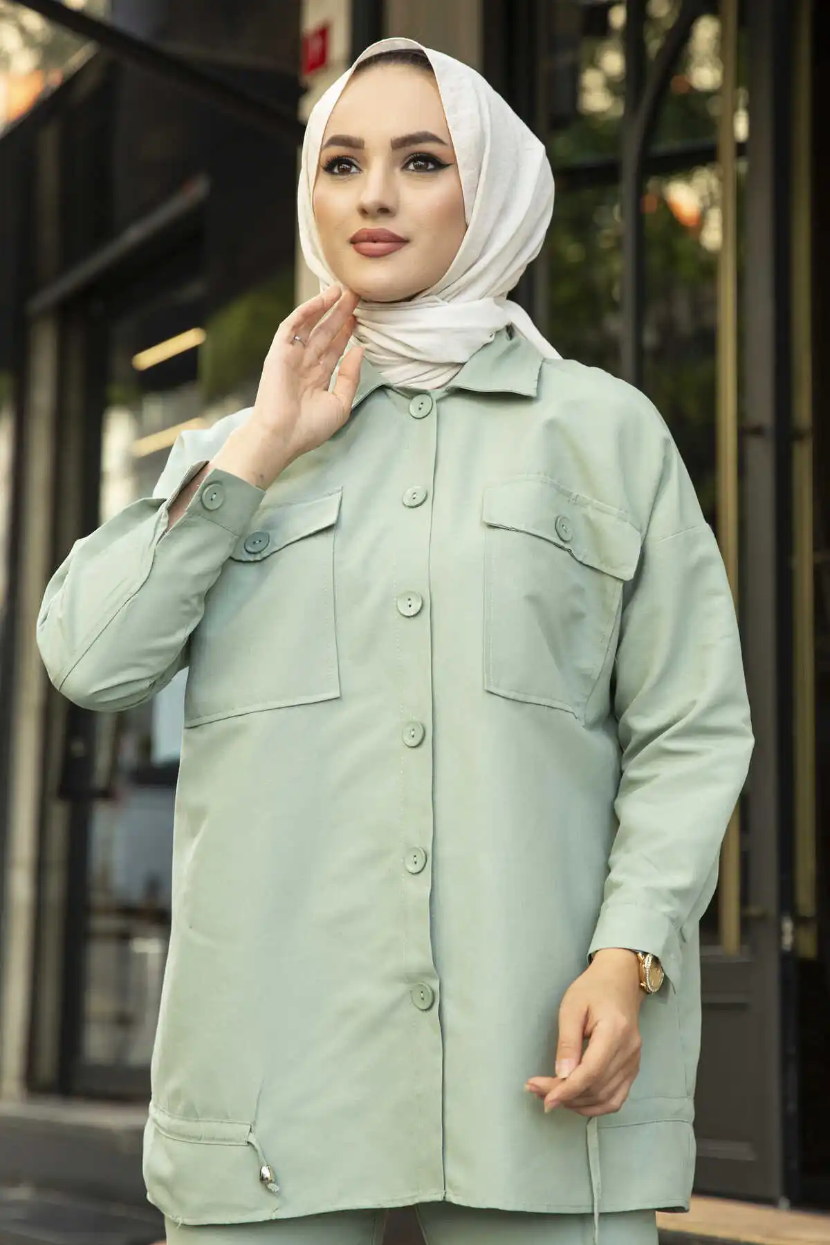 Hijab Stil Hemd Hosen Anzug Mint Winter Herbst 2021 Muslimischen Frauen Hijab kopftuch Islamischen Türkei