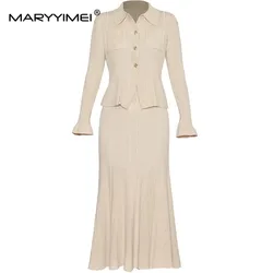 MARYYIMEI Autumn and Winter Women's Suit Turn-Down Collar Single-Breasted Long-Sleeved Tops+Elastic Waist Slim Skirt 2 piece set