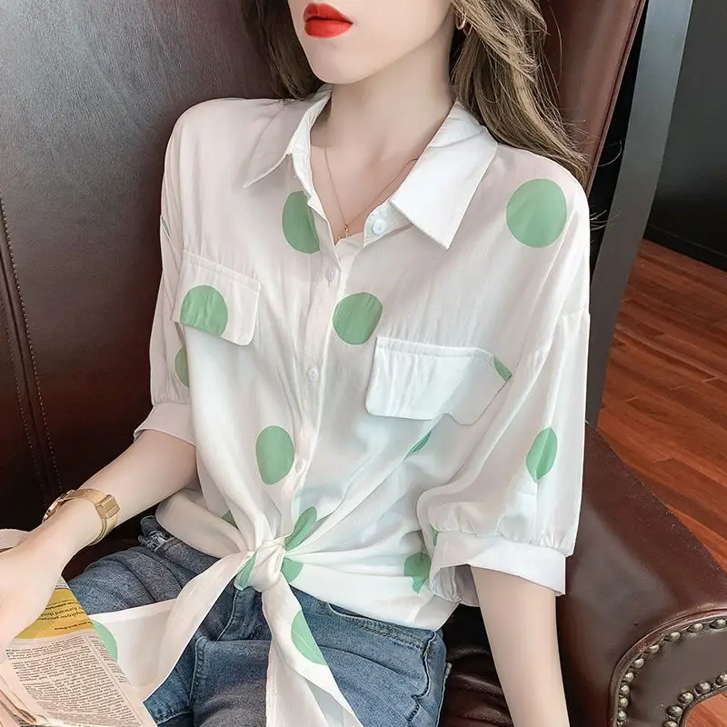 Fashion Lapel Loose Bandage Bow Polka Dot Shirt Women\'s Clothing 2023 Summer New Oversized Casual Tops Half Sleeve Korean Blouse