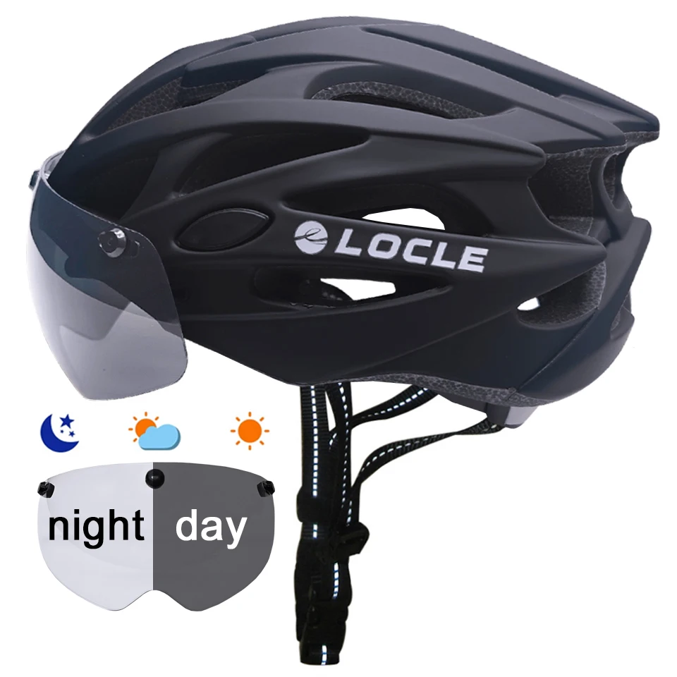 LOCLE Photochromic Magnetic Goggles Bicycle Helmet Men Women Cycling Helmet Removable Lens Visor MTB Road Mountain Bike Helmets