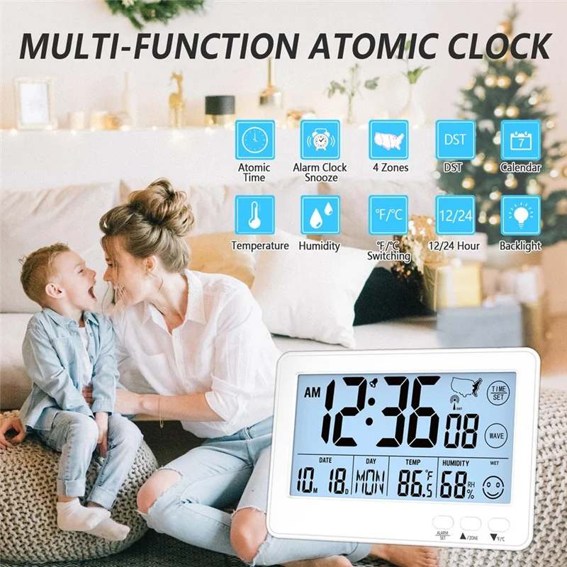 ABZV-Small Desk Automatic Alarm Clock Self-Calibrating Time And Date Display With 4 Time Zones DST Temperature,Humidity For Bedr