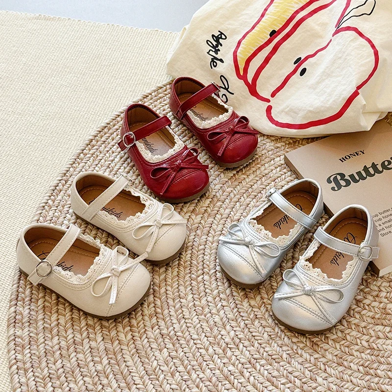 Princess Shoes for Girls Children Fashion Casual Flats Kids Soft Sole Leather Mary Jane Shoes Wine Beige Silver Elegant Shoes