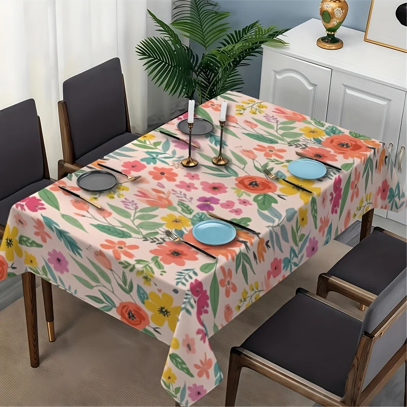 1pc 2D Floral Pattern Tablecloth | Easy-Care, Polyester, Ideal For Dining Tables, Coffee Tables, Desks, Kitchen Countertops, Enhances Atmosphere And Protects Surfaces