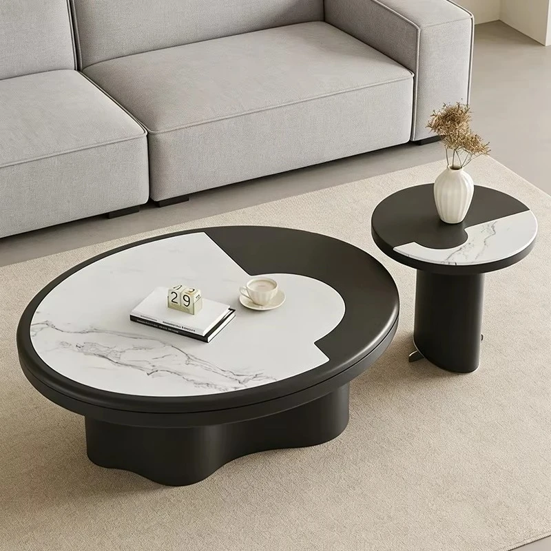 wq-Coffee Table Featuring White Microcrystalline Stone Surface and Black Matte MDF Frame with Slide Out Storage Mesa De Centro^
