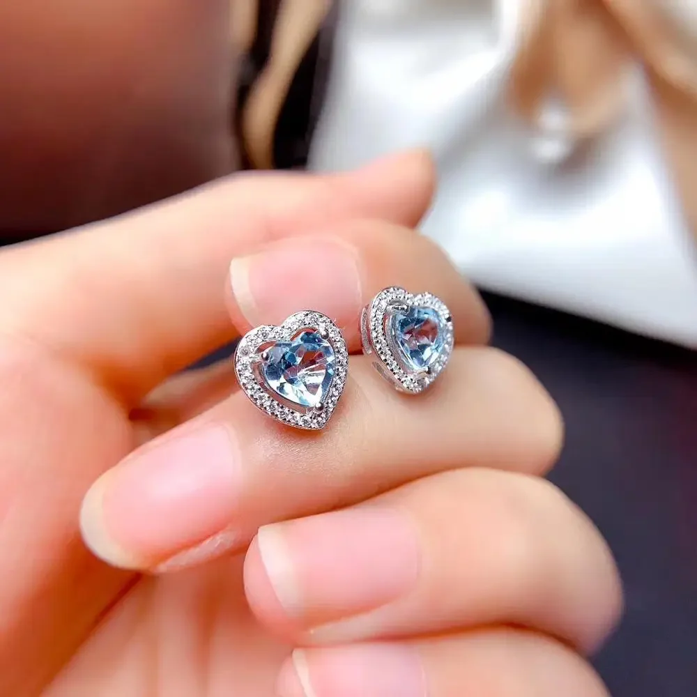 Natural Aquamarine Stud Earrings Heart Shape Gemstone Women's Jewelry Genuine 925 Silver Girls Party