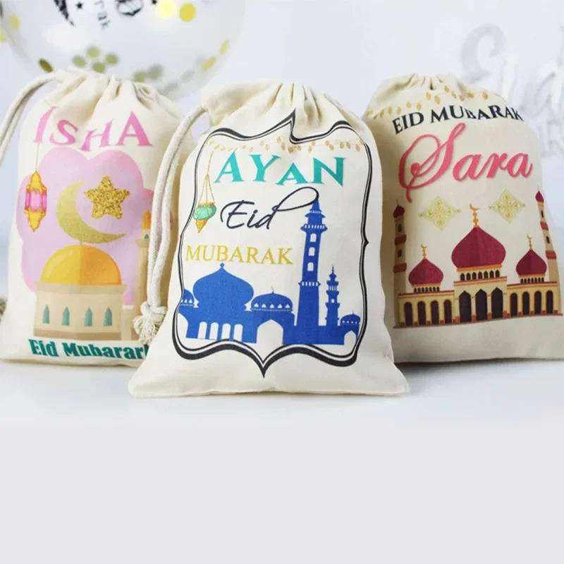 5pcs Personalised Custom Eid Mubarak Gift Bag Islamic Muslim Ramadan Kareem Favor Bag Eid Al-Fitr Decoration Family Kid Present