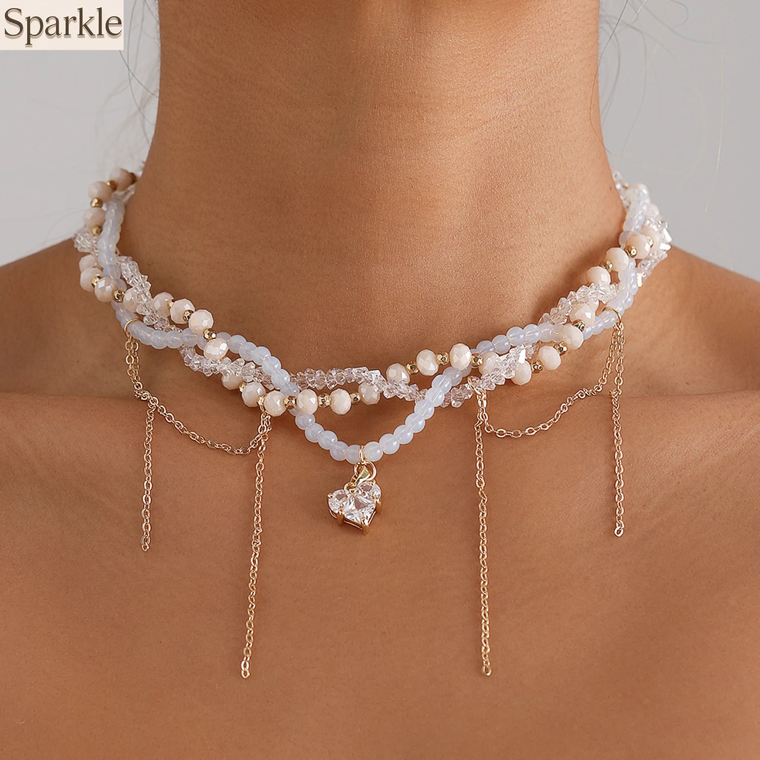 

Tassel Crystal Zirconia Heart Pendant Choker Necklace For Women Fashion Jewelry Neck Accessory Gift Multi-Layer Twine Necklace