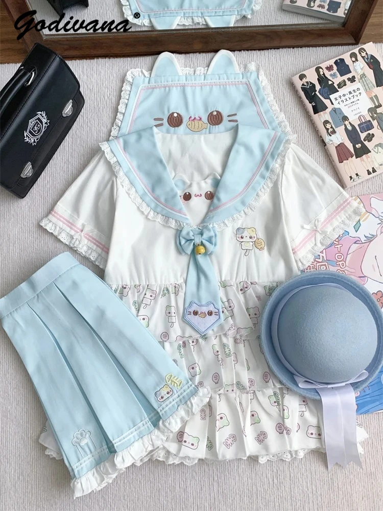 

Original New Summer Daughter Girls Cute JK Uniform Skirt Suits Women's Short Sleeve Cartoon Printed Top and Skirt 2 Piece Set