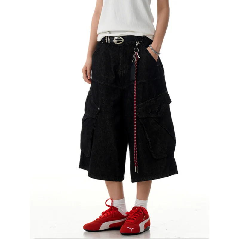 

Style Cargo American Denim Shorts Loose Fit Men Straight Wide Leg Casual Multi Pockets Over Knee Length Male Jeans W1FQ