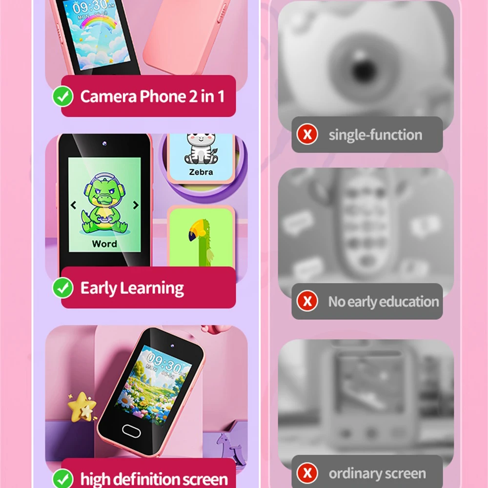 Kids Smart Phone For Girls Boys Student Dual Camera Music Player Toddler Learning Machine 16 Games Mini Phones For Birthday Gift