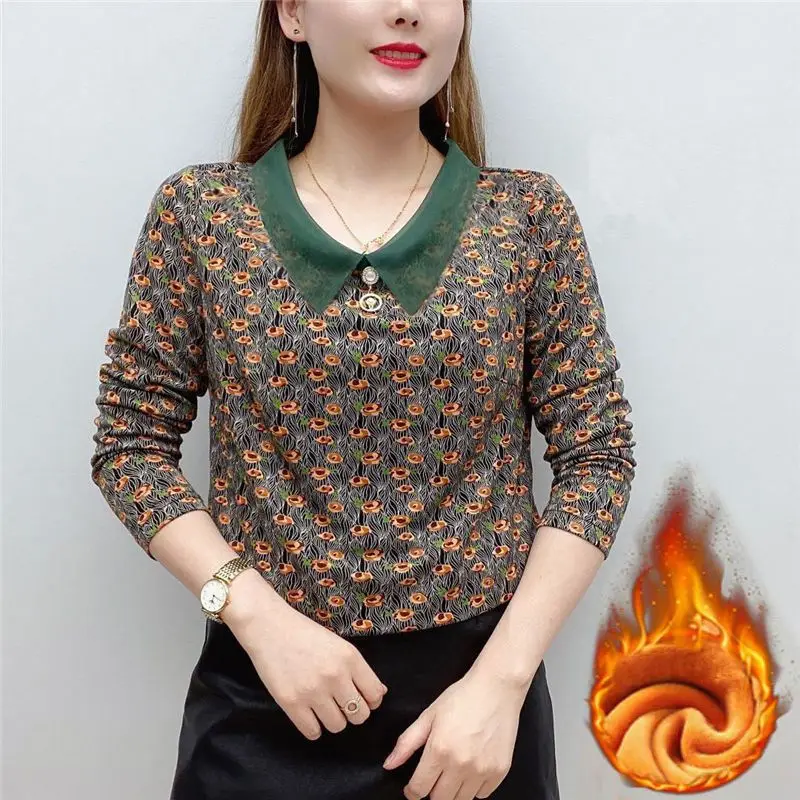 Women's Pullover Doll Neck Gauze Printing Autumn and Winter Slim Long Sleeve Three-dimensional Decorati Fashion T-shirt Tops