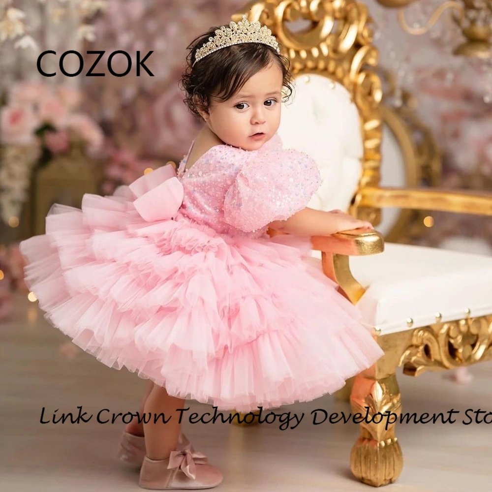 COZOK Pink Flower Girls Dresses with Sequined A Line Knee Length Soft Tulle Christmas Dresses for Princess 2024 فستان عيد الميلا