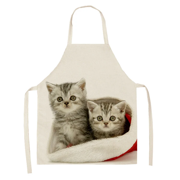 Christmas Cute Santa Hat Cat Dog Pattern Linen Stain Resistant Sleeveless Apron Baking Accessories Kitchen Cooking