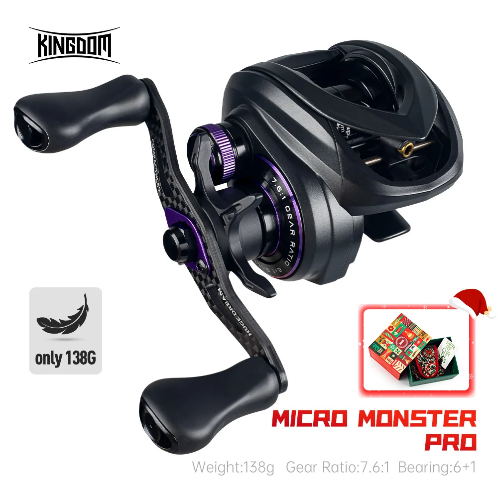 KINGDOM Micro Pro Baitcasting Fishing Reel 7.6:1 Gear Ratio 4.6kg Max Drag 138g Weight Ultra-light Carbon Material Fishing Reel