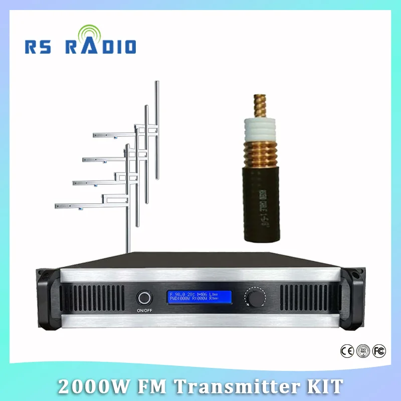 2000W 2KW FM Transmitter + 4-bay antenna with power divider+50m 7/8