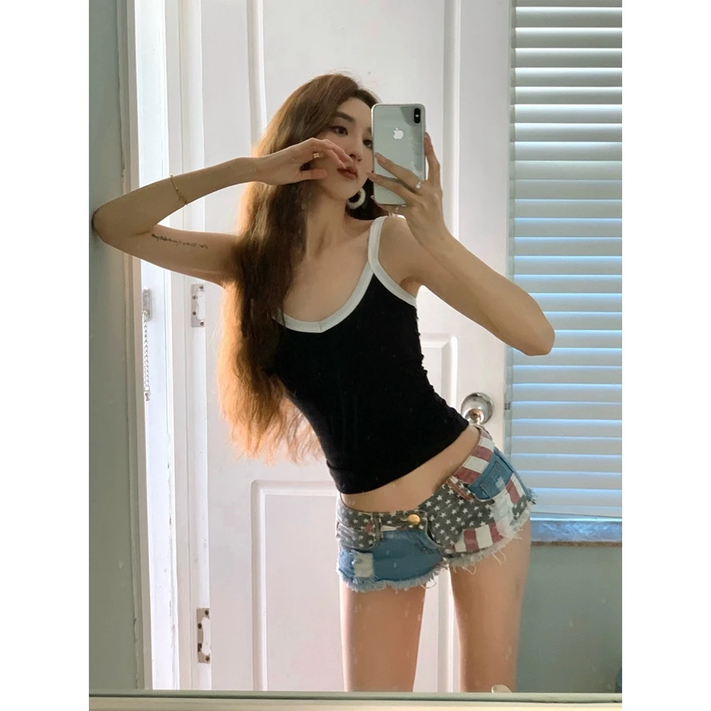 Low Waist Denim Shorts Women's Sexy Hole Nightclub Shorts Summer Cross-Border Low Waist Denim Jeans Straight Leg Casual Pants