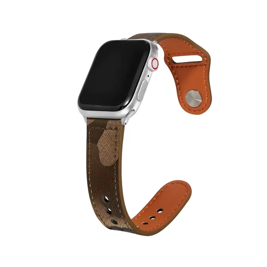 Camouflage Texture Genuine Leather Strap for Apple Watch Series 7/se/6/5/4/3/2/1 (41mm 45mm 44mm 40mm 42mm 38mm) smart watch
