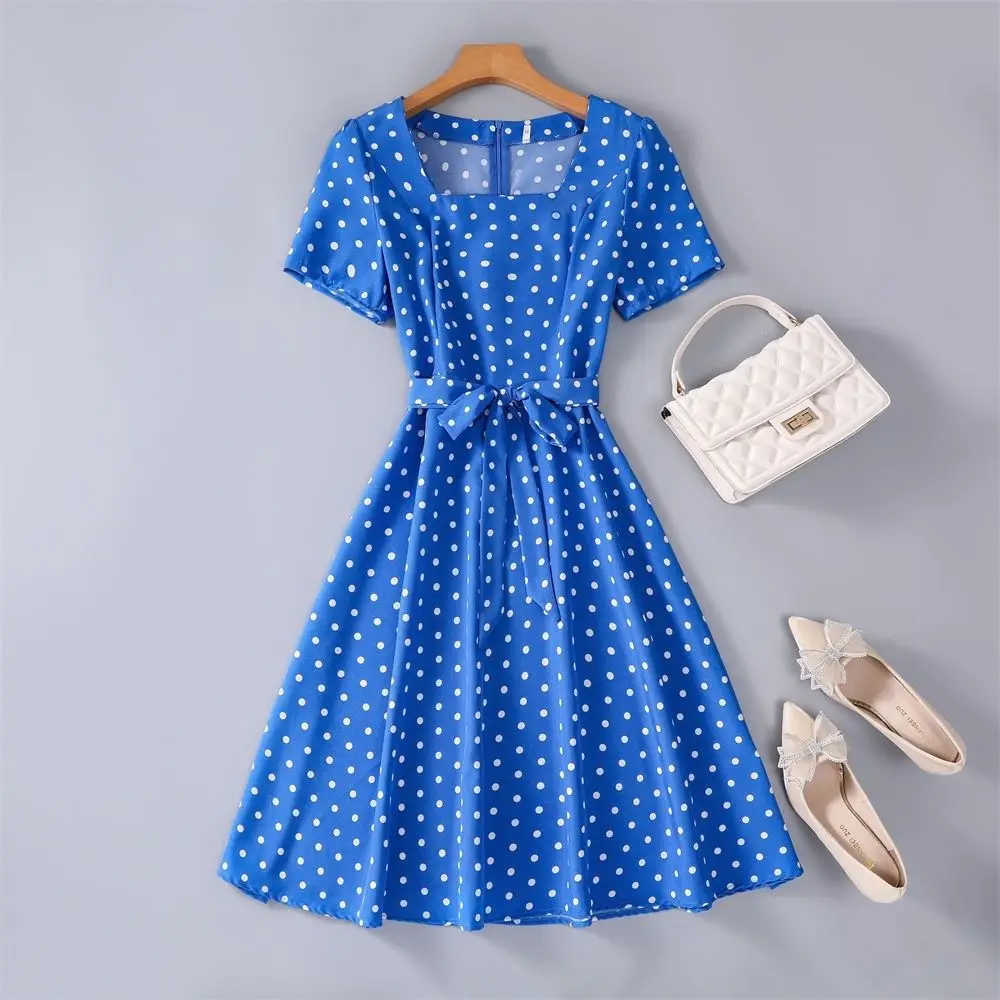 

New casual short sleeved square neck slim fit retro wavelet dot print dress with belt dress for women bodycon dress